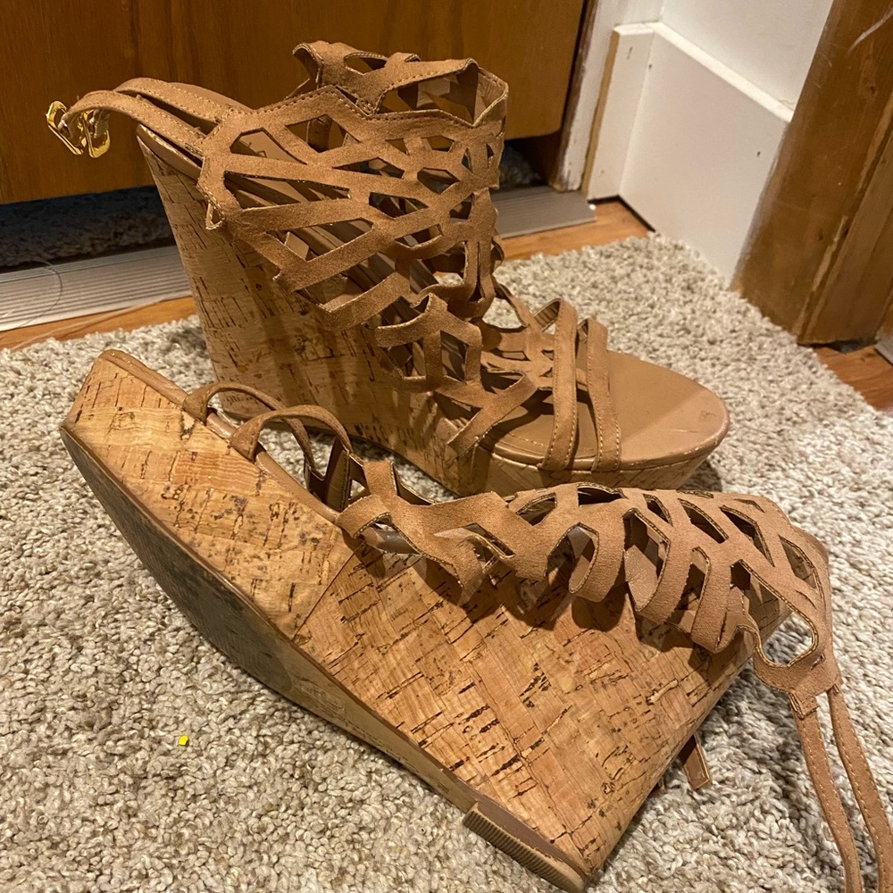 Beige Strappy Wedge Heels